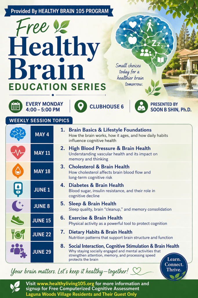 Graphic promoting a free Healthy Brain education series, detailing weekly topics relating to brain health, including sessions on brain basics, high blood pressure, and social interaction, scheduled every Monday from 4:00 to 5:00 PM at Clubhouse 6.